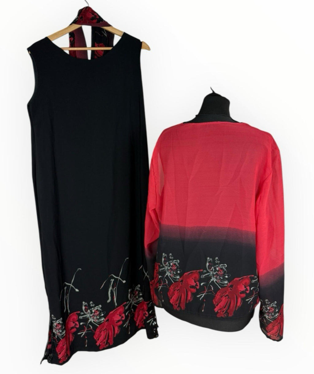 Floral Dress Set Women's UK Size XL (16) Chiffon Midi Cardigan & Scarf Black Red
