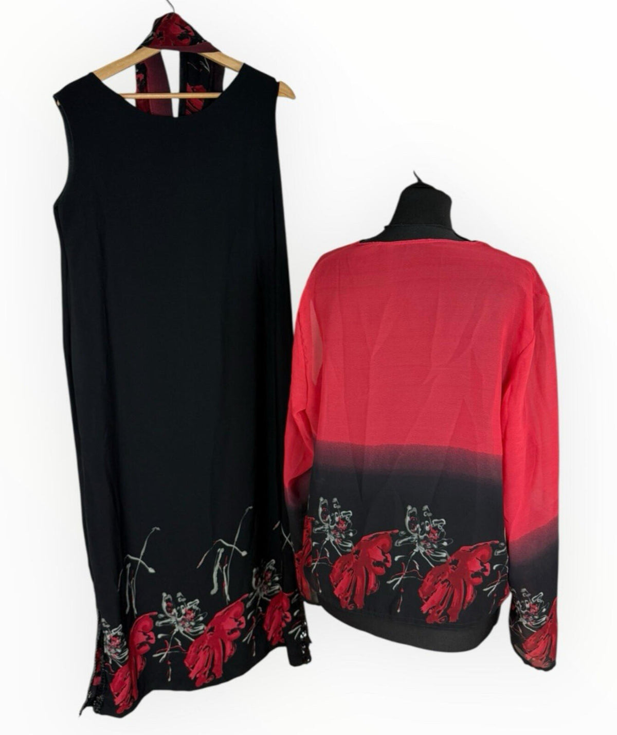 Floral Dress Set Women's UK Size XL (16) Chiffon Midi Cardigan & Scarf Black Red