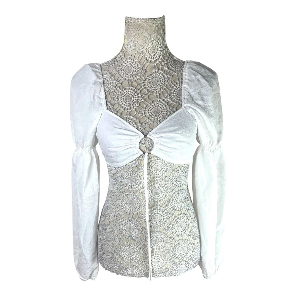 Divided White Puff Sleeve Crop Top Silver Ring Eyelet Women's UK Size S
