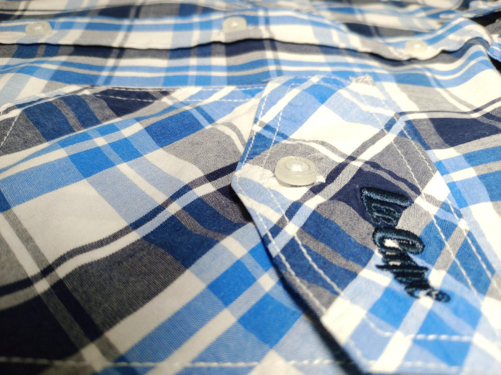 Lee Cooper Men's Shirt UK Size L Blue Check Short Sleeve Pockets 100% Cotton