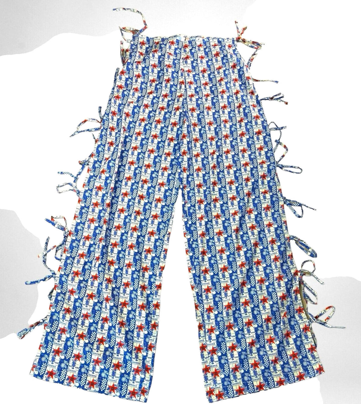 Blue & Red Star Print Straight Leg Trousers Tie Side Detail Women's UK Size 8