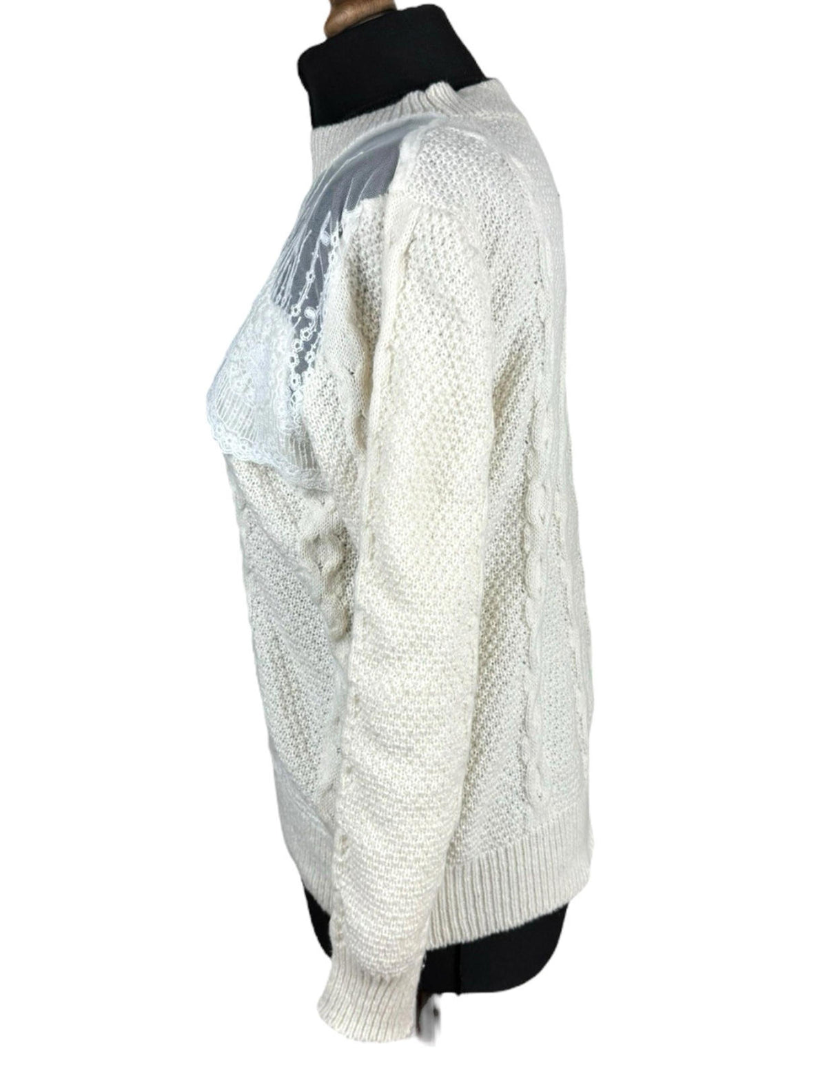 Shein Beige Knit Jumper White Lace Panel Long Sleeve Women's UK Size L