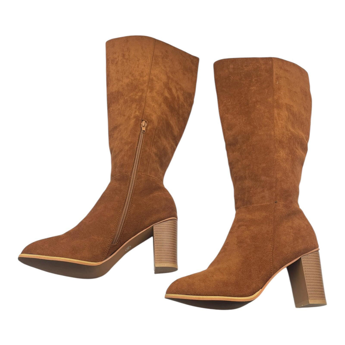 Brown Faux Suede Knee High Boots Block Heel Women's UK Size 6.5