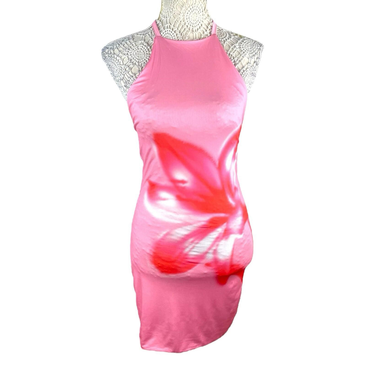 Pink Floral Mini Dress Halter Neck Backless Women's UK Size 8