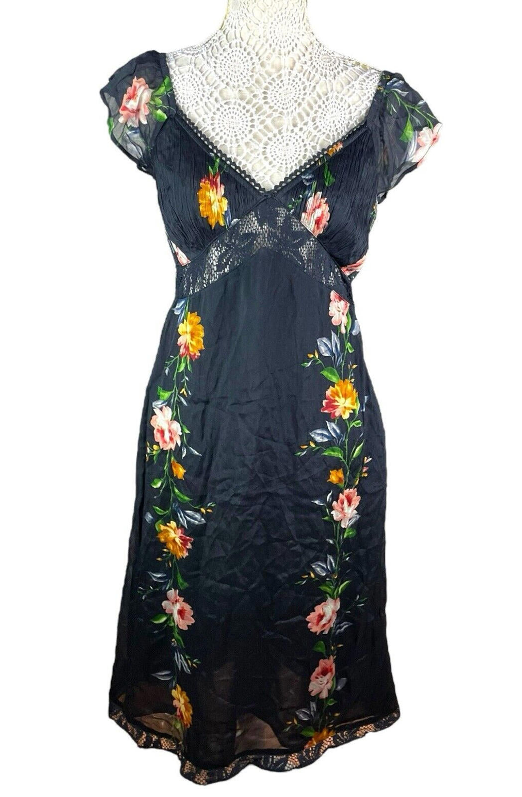 Black Floral Maxi Dress Lace Panels Women's UK Size 8