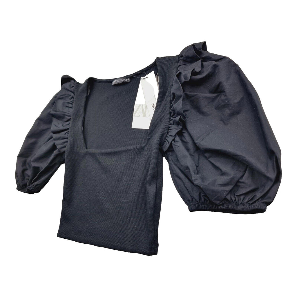 ZARA Black Zara Crop Top Balloon Sleeve Black Ribbed Ruffle Women's UK Size Small S