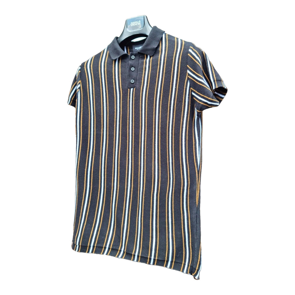 Pull&Bear Polo Shirt Men's UK Size S Black Knit Striped Jersey Tee Summer