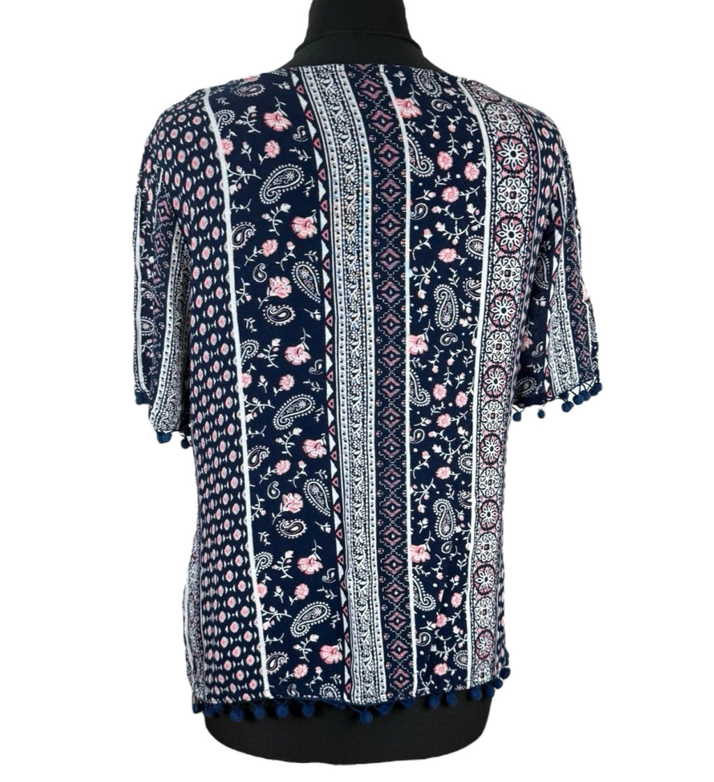 Peacocks Floral Top Navy Pink Crochet Tasselled Lightweight Women's UK Size 10