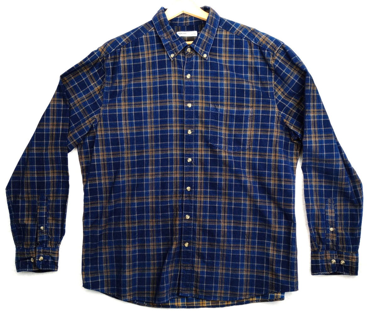 Sonoma Corduroy Shirt Men's UK Size 2XL Blue Check Pocket 100% Cotton Easy Care