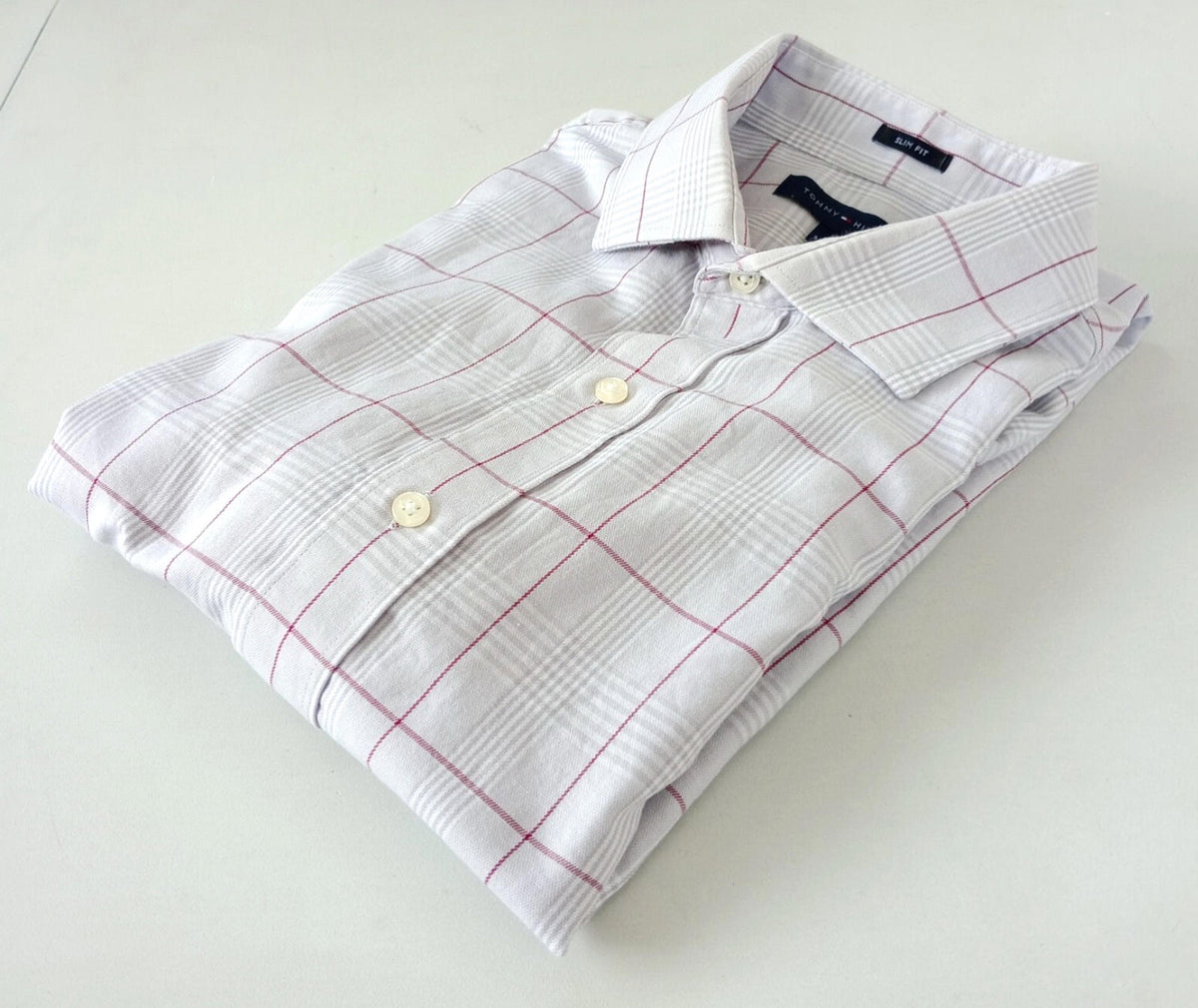 Tommy Hilfiger Shirt Men's UK Size L Beige Check Long Sleeve Pockets Slim Fit