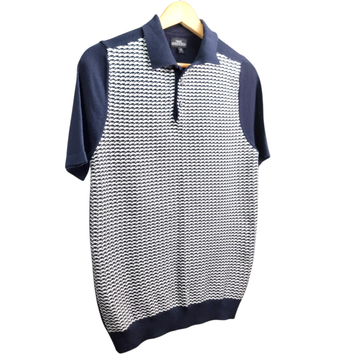 Next Knit Polo Shirt Men's UK Size M Navy Blue Textured Short Sleeve 100% Cotton