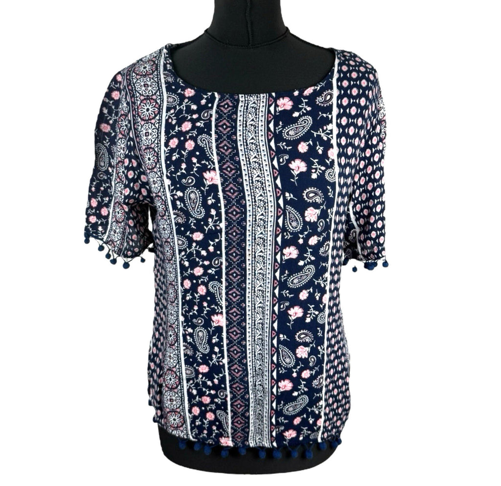 Peacocks Floral Top Navy Pink Crochet Tasselled Lightweight Women's UK Size 10
