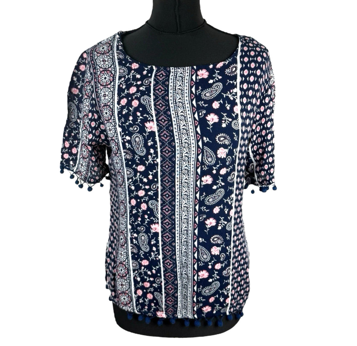 Peacocks Floral Top Navy Pink Crochet Tasselled Lightweight Women's UK Size 10