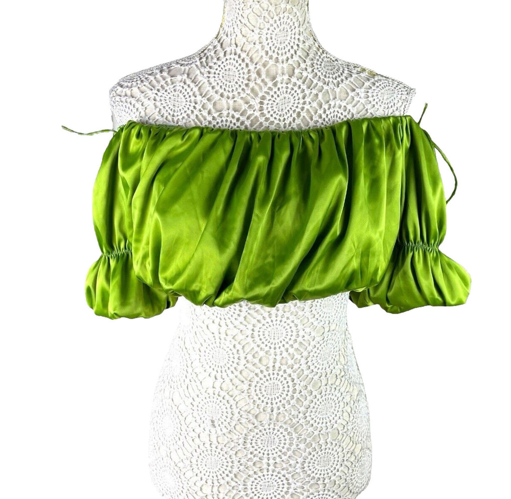 Pretty Little Thing Ruffle Satin Crop Top Green Off Shoulder Women's UK Size 8