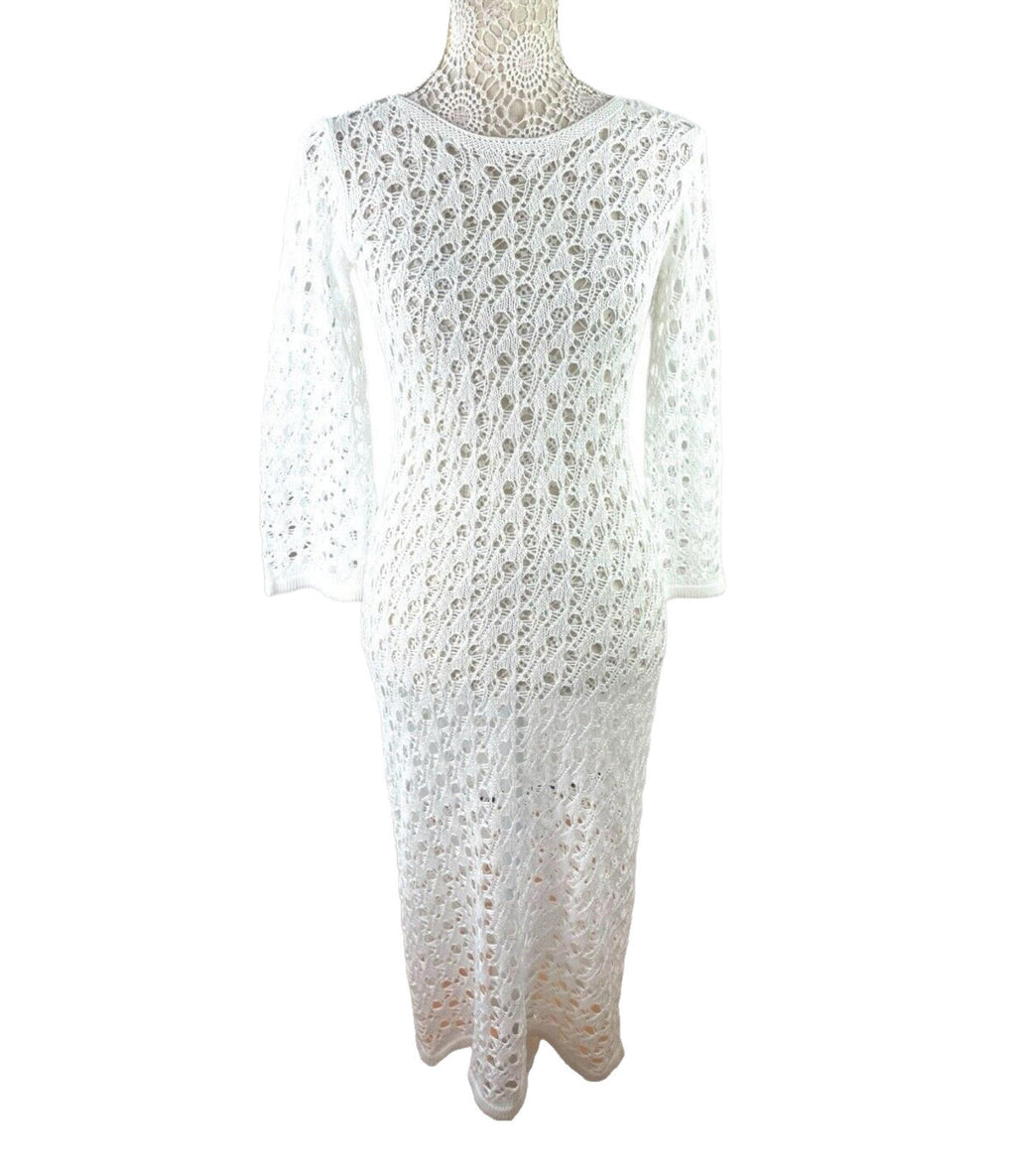 Crochet Knit Maxi Dress Women's UK Size 8 Backless White Long Sleeve Bodycon