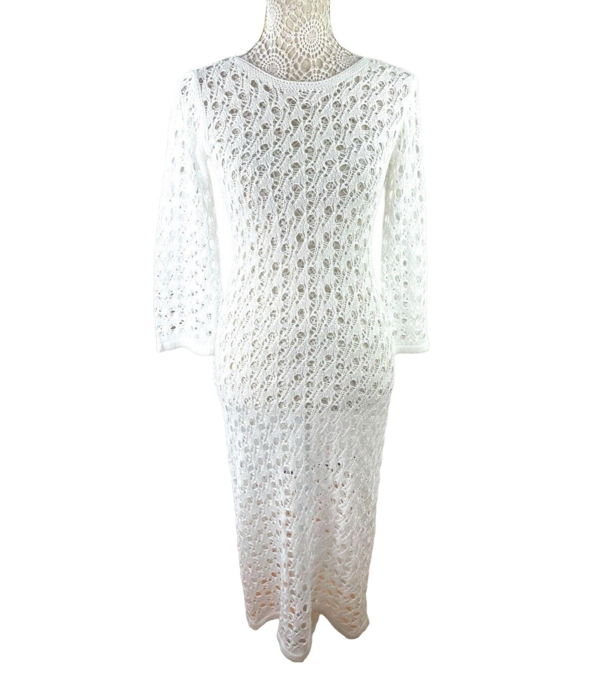 Crochet Knit Maxi Dress Women's UK Size 8 Backless White Long Sleeve Bodycon