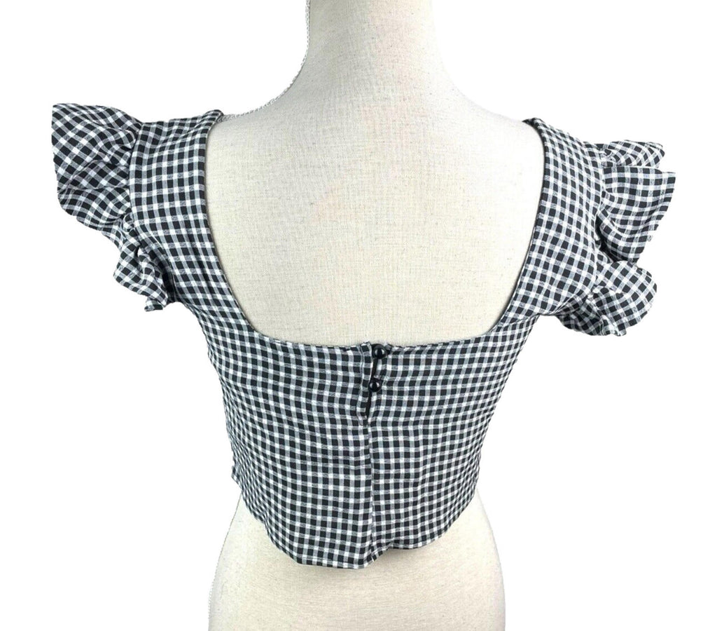 Figa Black Gingham Ruffle Sleeve Square Neck Blouse Women's UK Size 8 Cropped Black & White