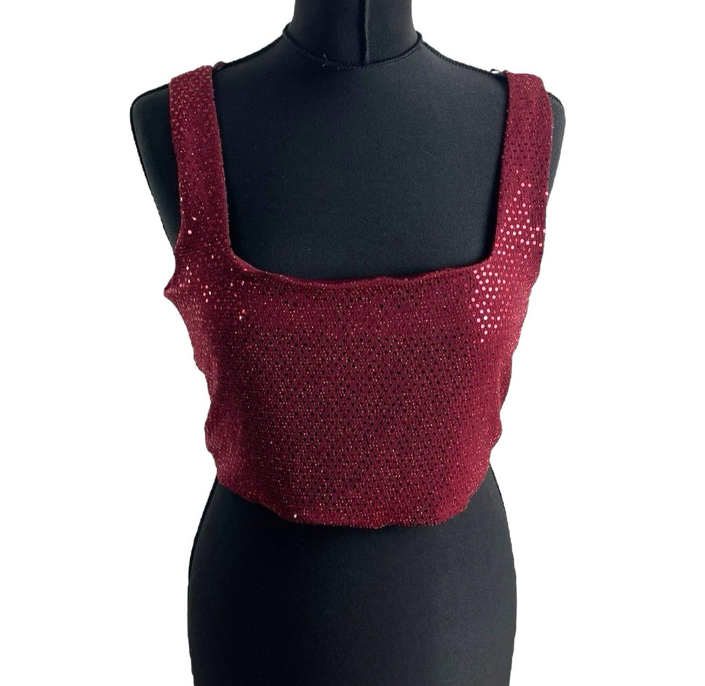 New Look Burgundy New Look Red Sparkle Crop Top Square Neck Stretch Women's UK Size 16