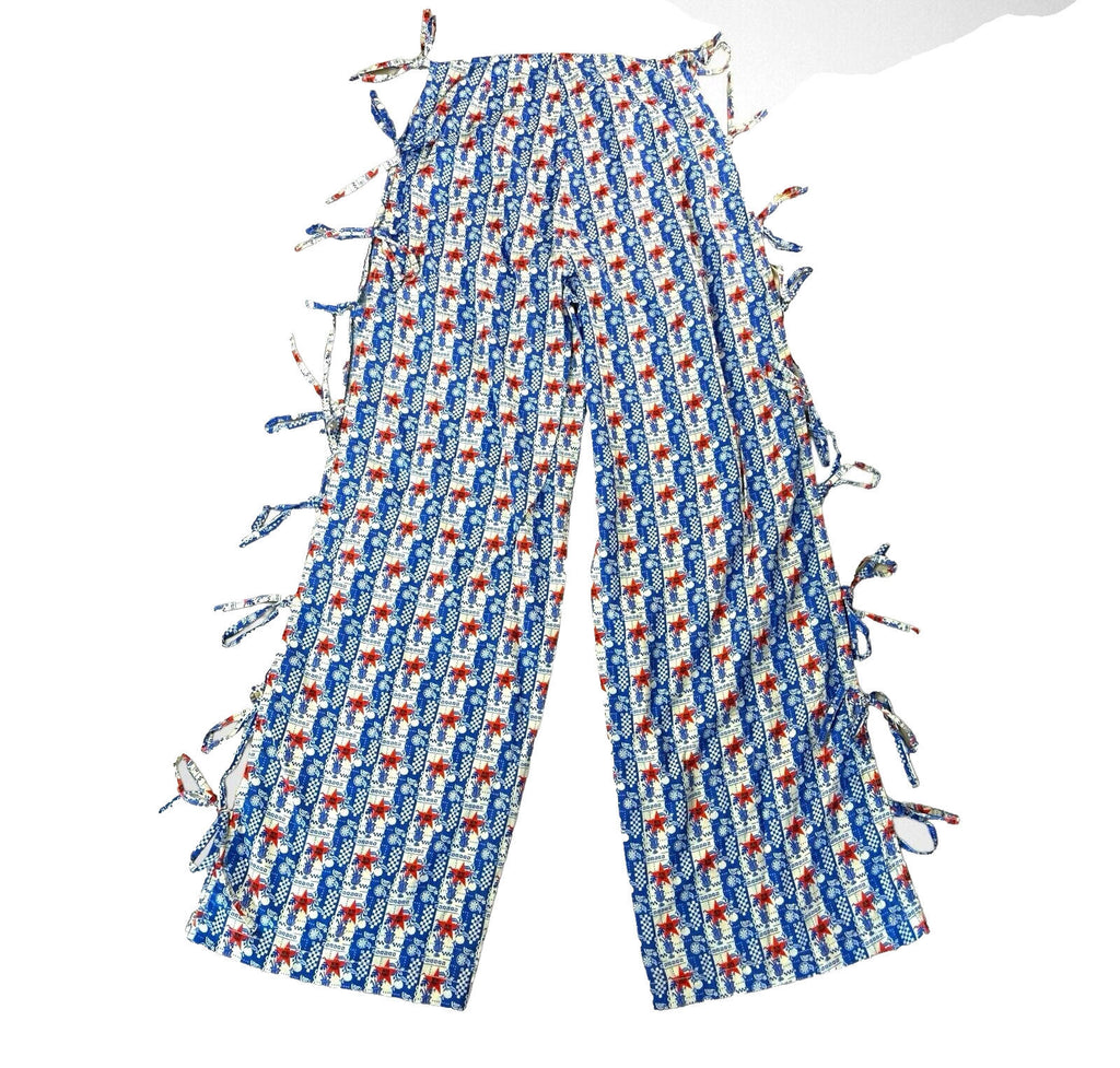 Blue & Red Star Print Straight Leg Trousers Tie Side Detail Women's UK Size 8