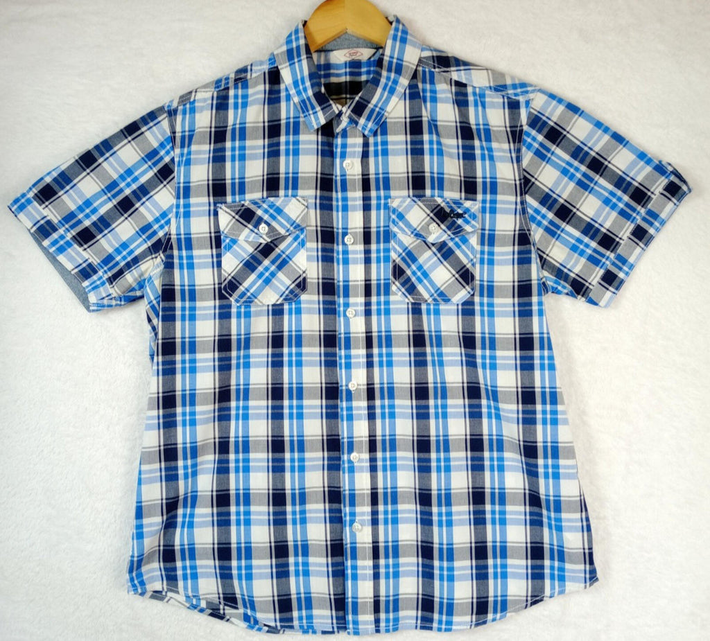 Lee Cooper Men's Shirt UK Size L Blue Check Short Sleeve Pockets 100% Cotton