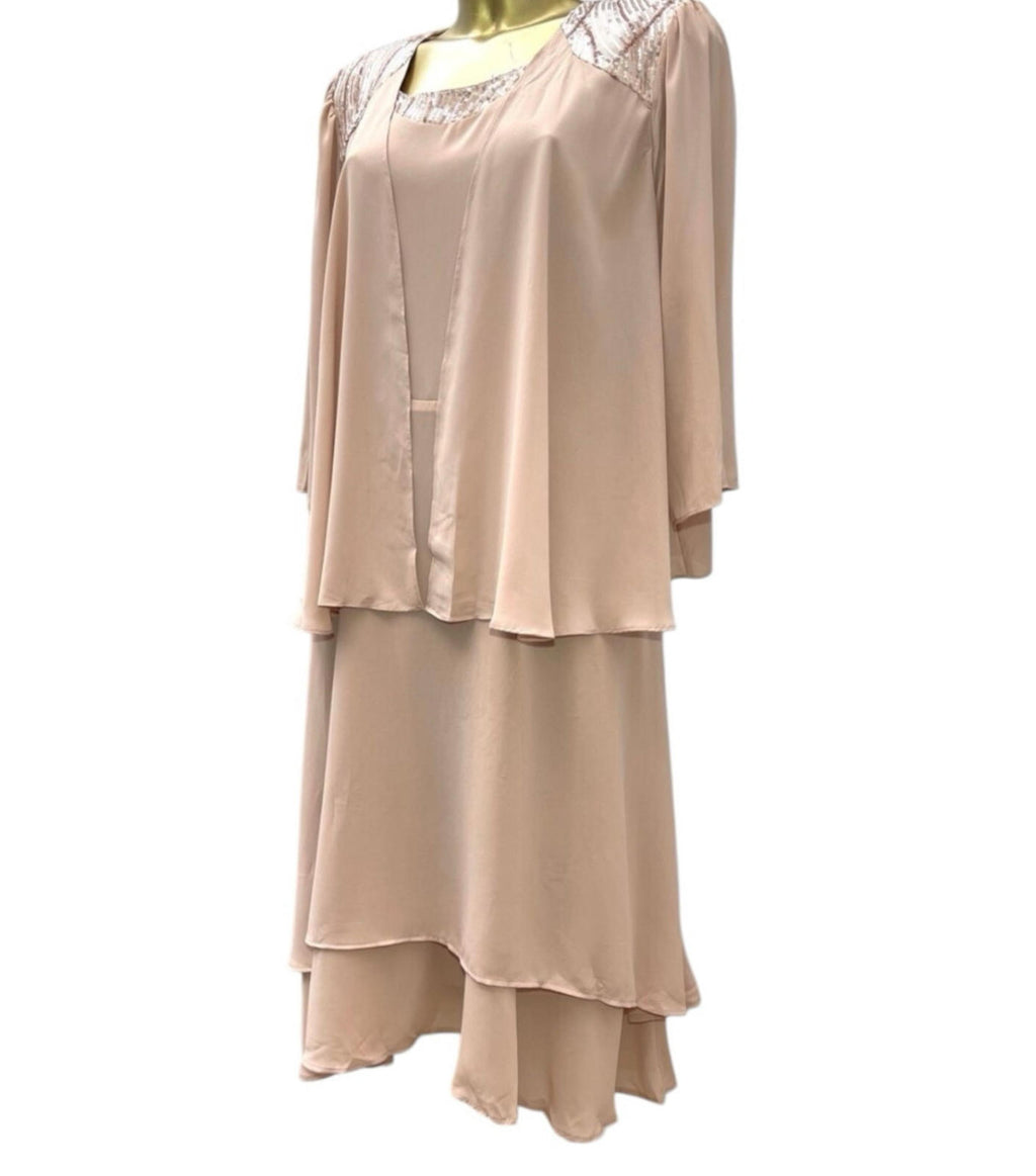 Grace Karin Beige Chiffon Tiered Dress & Jacket Women's UK Size 12 Sequin Detail Occasion Formal