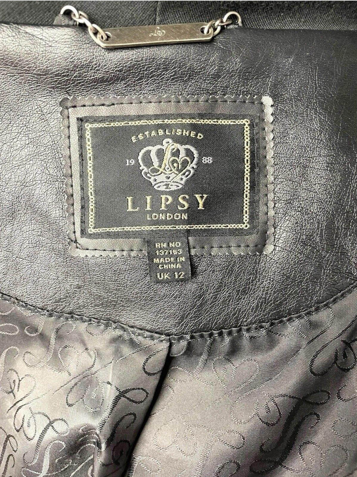 Lipsy Black Faux Leather Biker Jacket Collared Open Front Women’s UK Size 12