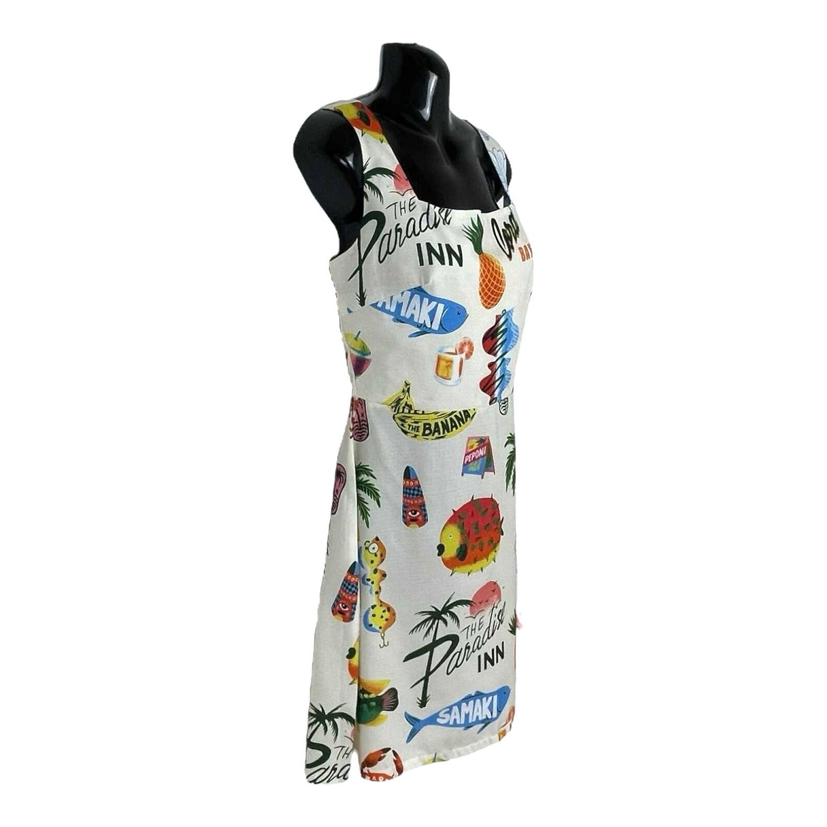 Comense White Comense Retro Summer Dress Women's UK Size M Lace Up Back Mini Multicolour Print