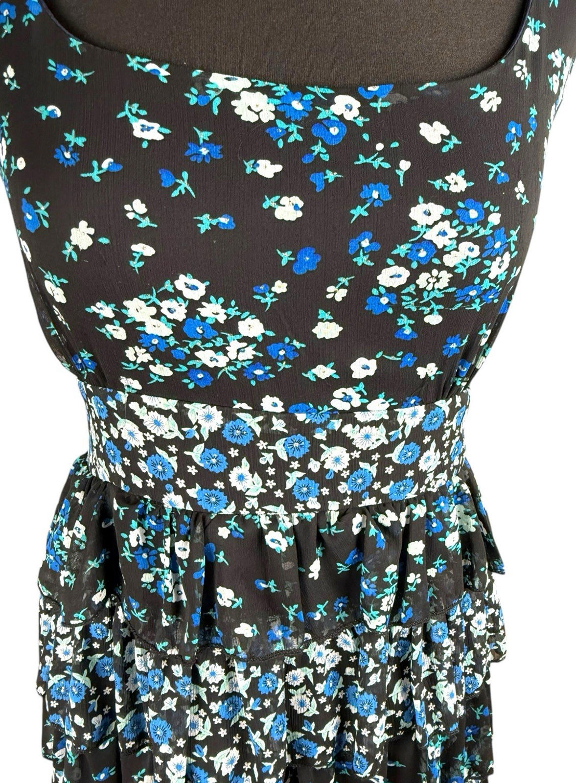 Austin Black Floral Mini Dress Ruffle Layers Tie Back Women's UK Size 18