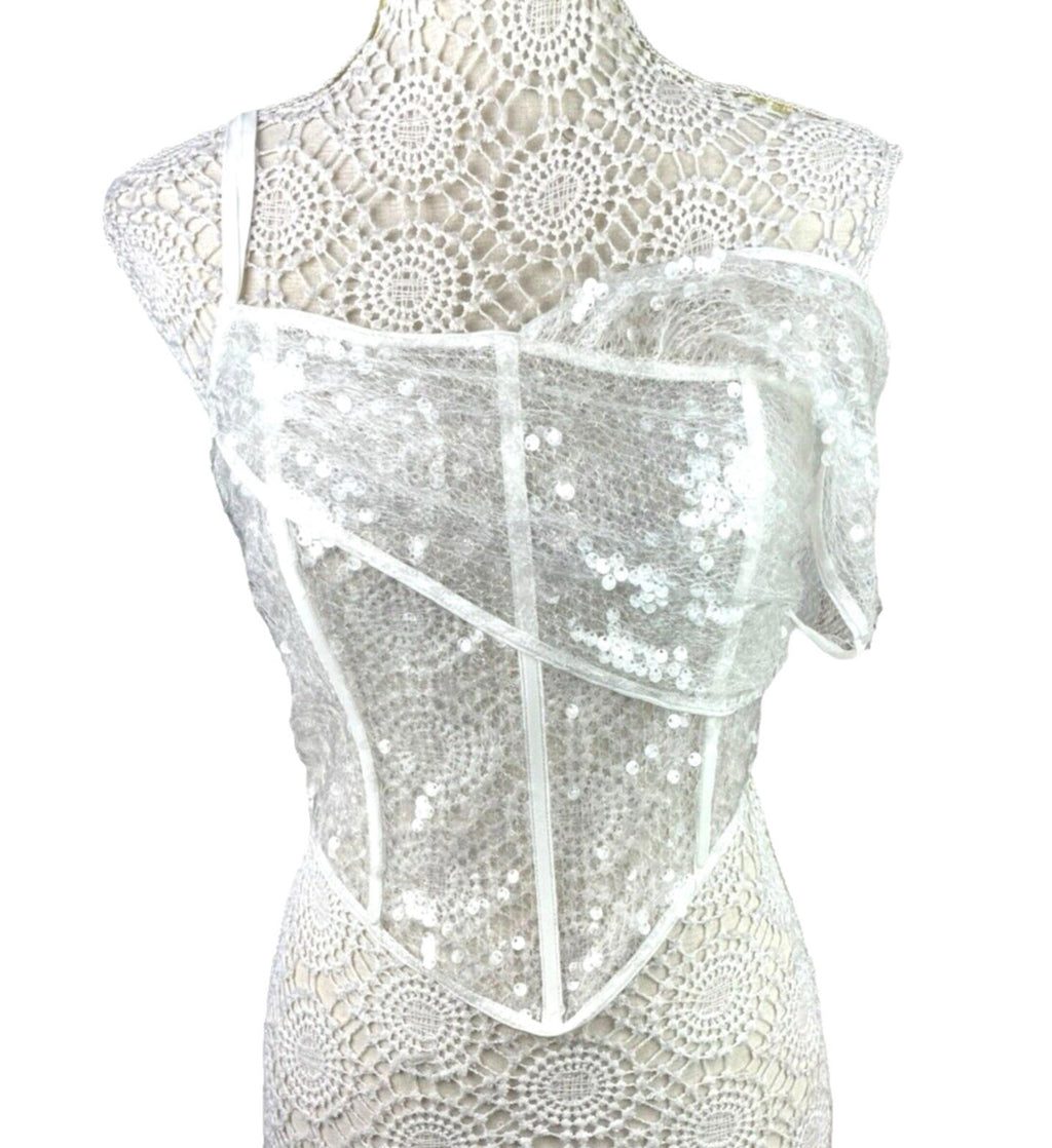 Pretty Little Thing Sheer Sequin One Sleeve Corset Top Women's UK Size 8 Cropped