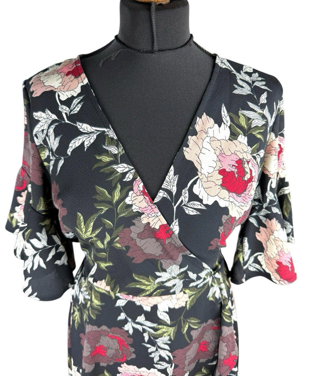 AX Paris Dress Black Floral Wrap Front Frill Knee Length Women's UK Size 10