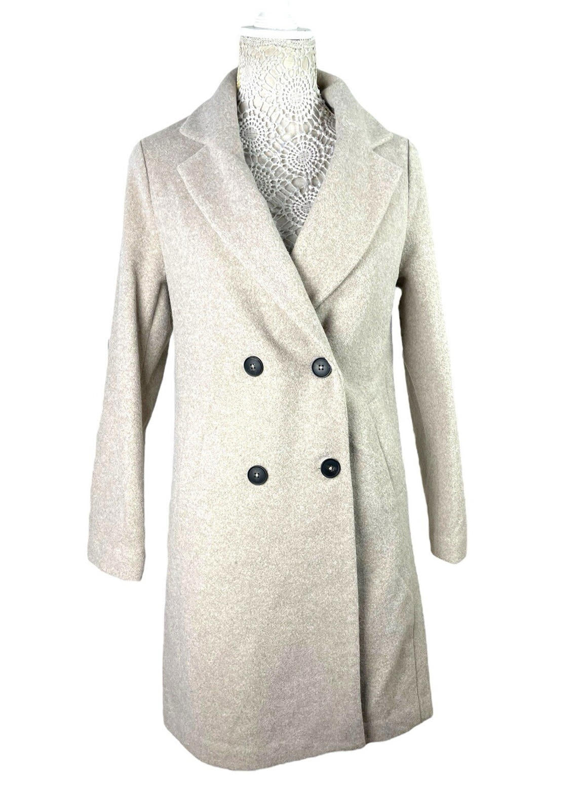 New Look Stone Wool Effect Long Coat Jacket Double Breasted Women’s UK Size 6