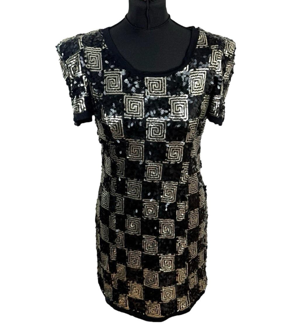 Made By Miso Sequin Mini Dress Black & Gold Check Sparkle Women's UK Size 14