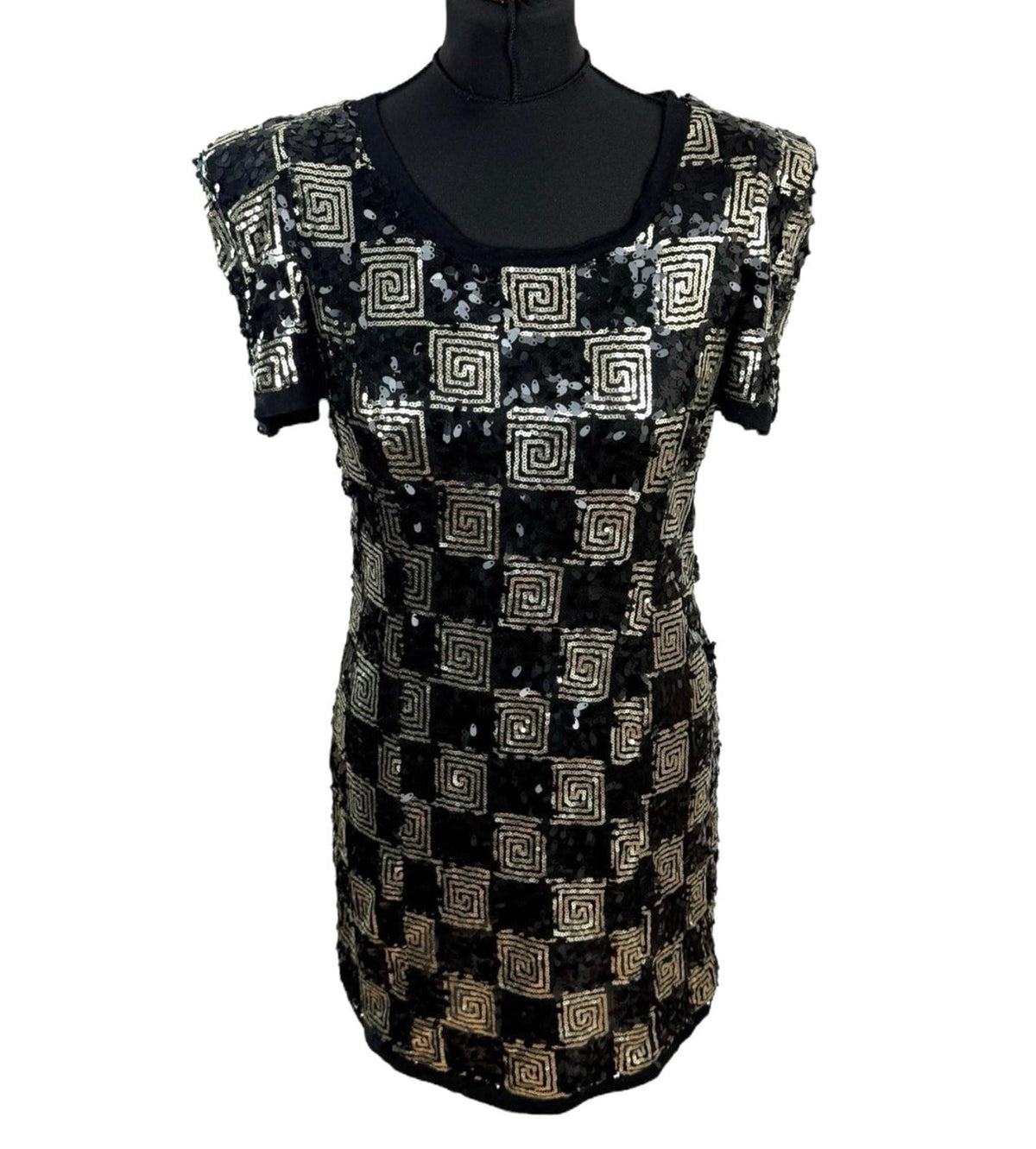 Made By Miso Sequin Mini Dress Black & Gold Check Sparkle Women's UK Size 14