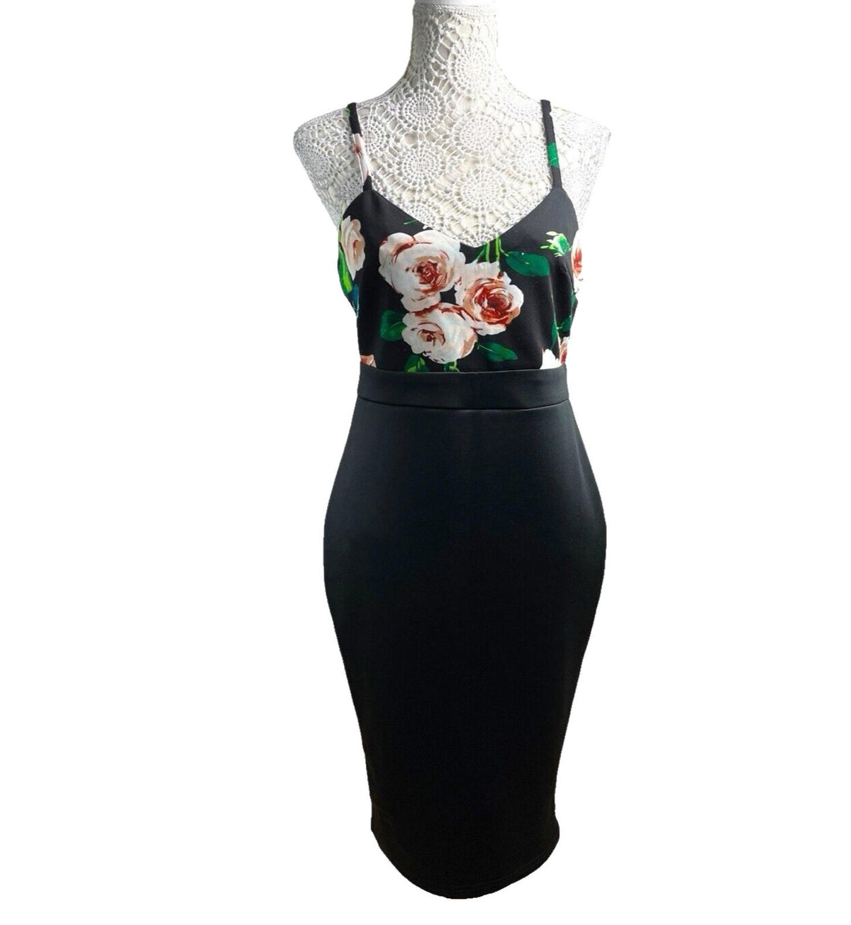 AX Paris Black Bodycon Dress Black Floral Top Detail Women's UK Size 14