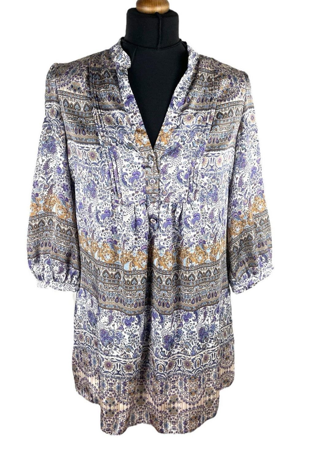 Wallis Satin Tunic Top Women's UK Size 10 Paisley 3/4 Blouson Sleeves V-Neckline