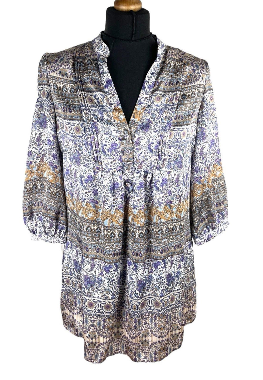 Wallis Satin Tunic Top Women's UK Size 10 Paisley 3/4 Blouson Sleeves V-Neckline