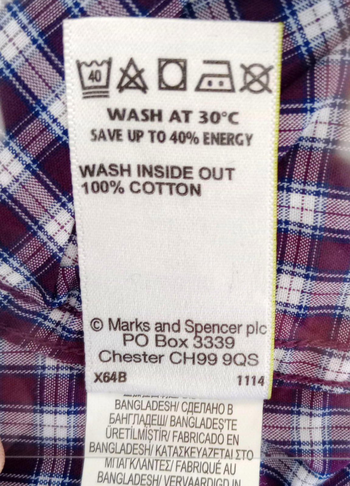 Marks & Spencer Plaid Shirt Men's UK Size L Purple White Button Down Long Sleeve