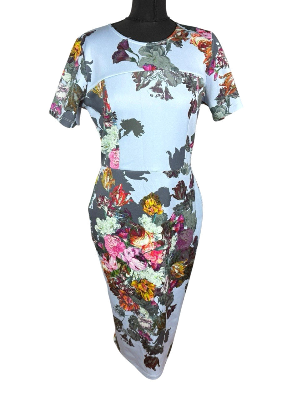 ASOS Floral Scuba Bodycon Dress Women’s UK Size 16 Blue Short Sleeve Stretch