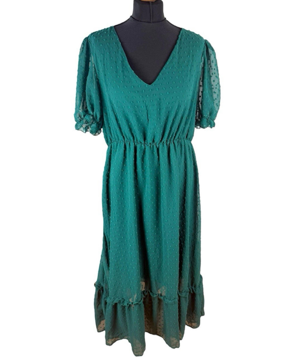 Shein Curve Green Textured Maxi Dress Polka Dot Puff Sleeve Women’s UK Size 16