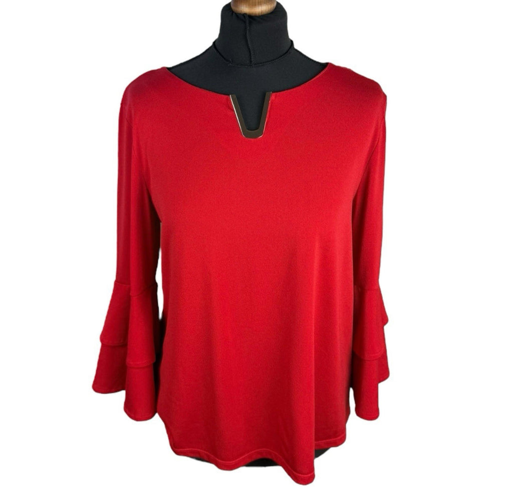 Klass Red Klass Bright Red Blouse 3/4 Sleeve Gold Buckle Detail Women's UK Size M