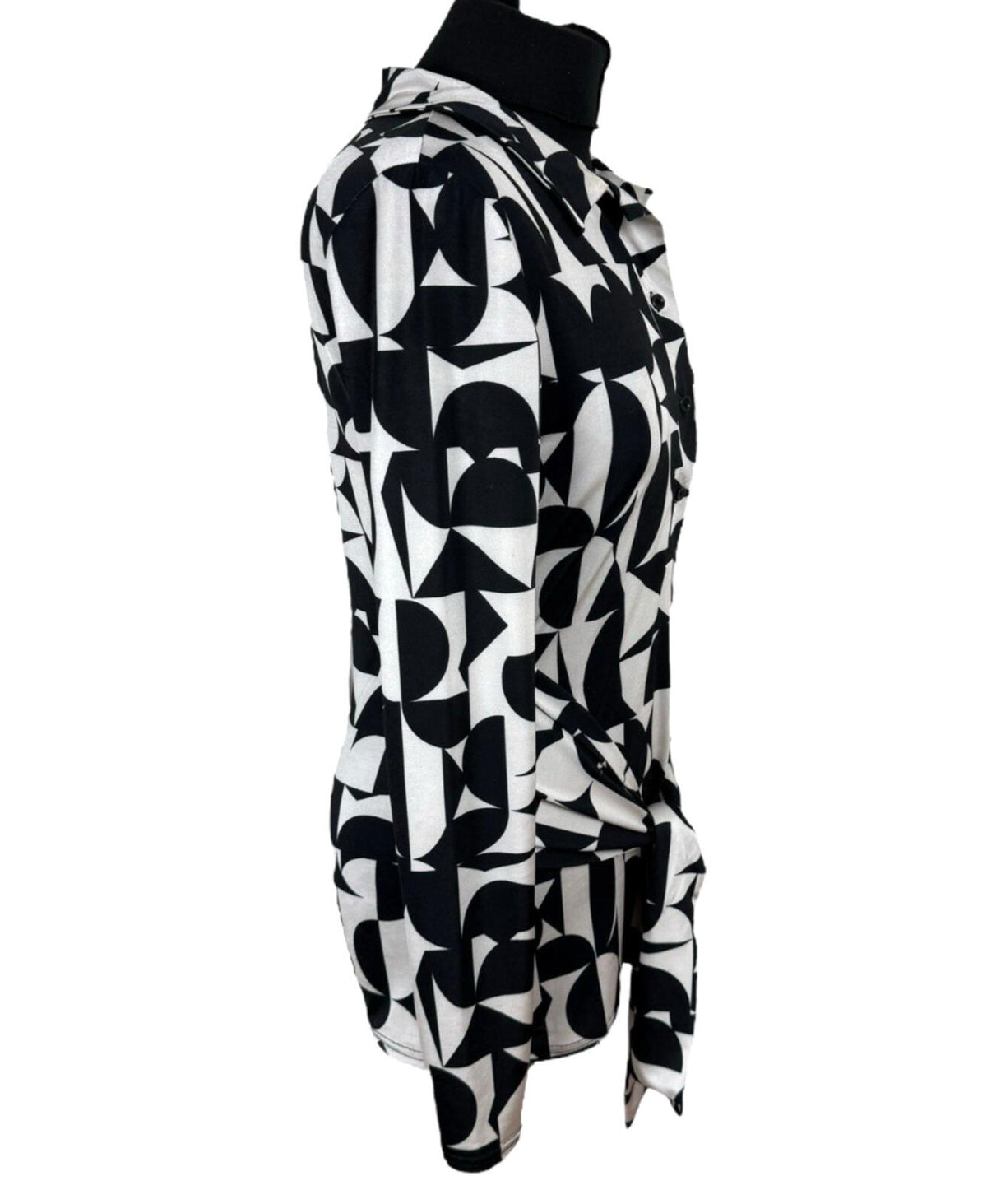 River Island White River Island Blouse Women's UK Size 10 Black White Graphic Print Belted Collared