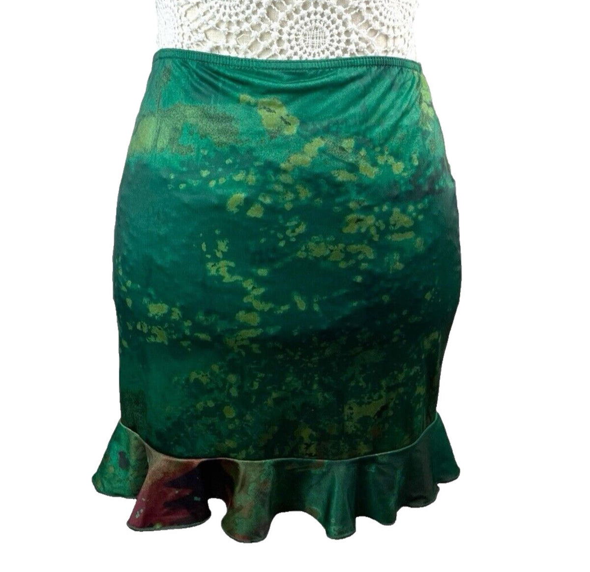 Manor Mini Skirt Dark Green Satin High Waist Frilled Hem Women's UK Size 8
