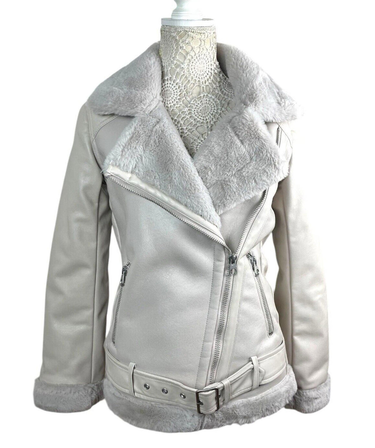Divided Greige Faux Leather Jacket Fur Trim Collar Women's UK Size XXS