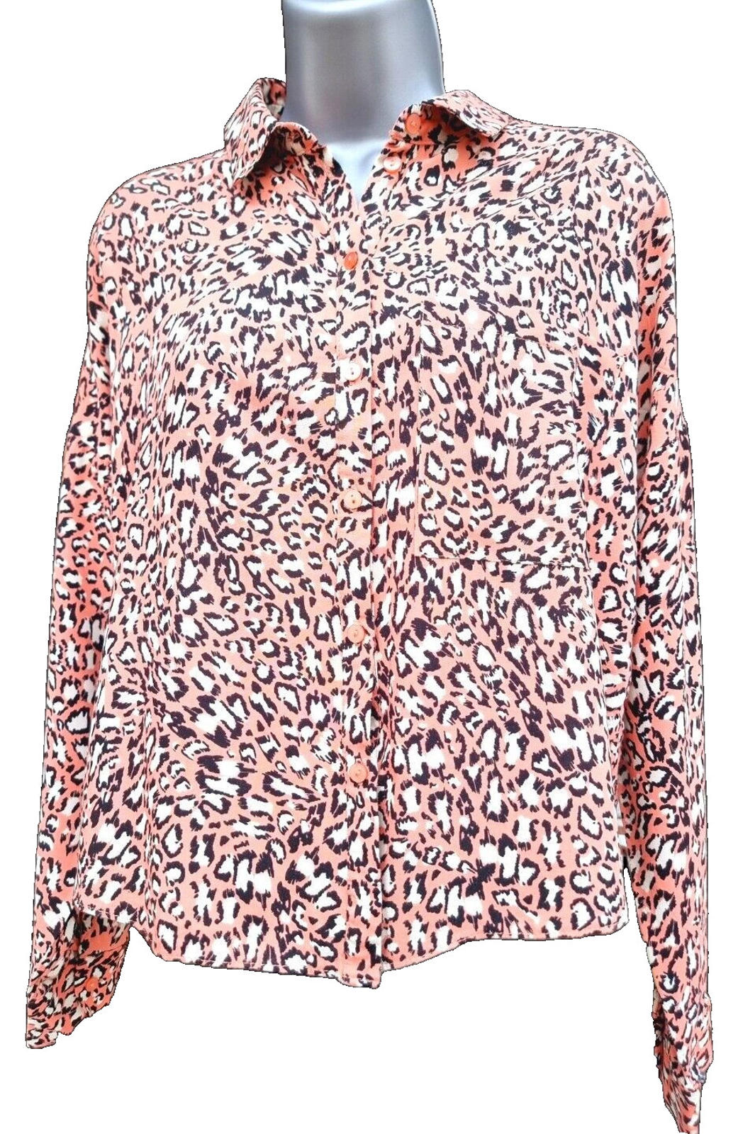 Primark Leopard Print Shirt Women's UK Size 10 Pink Button Down Long Sleeve