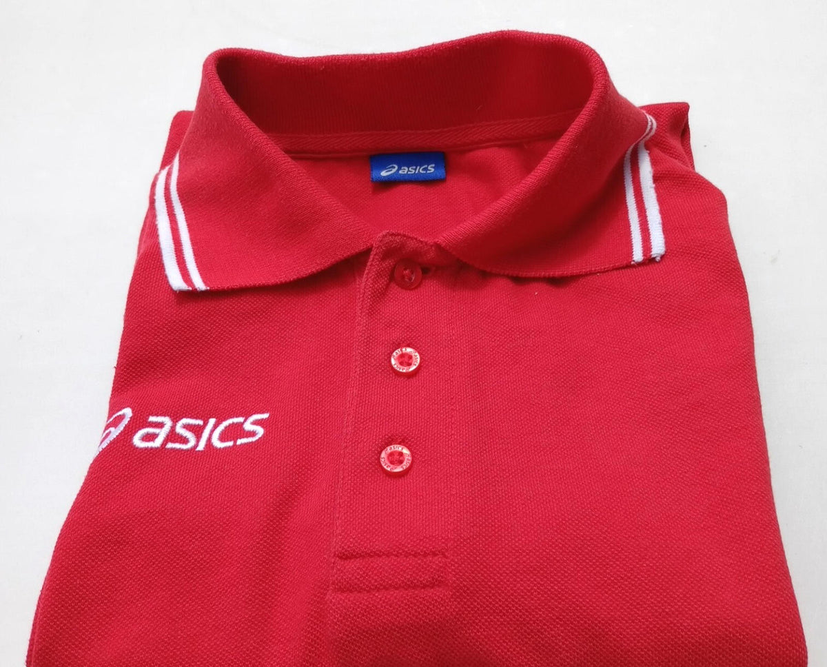 Asics Polo Shirt Men's UK Size S Red Short Sleeve Embroidered Logo Cotton Blend
