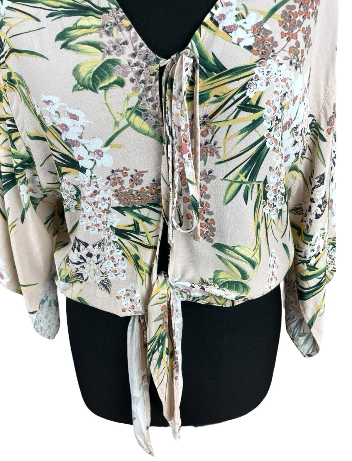 River Island Pink Floral Crop Top Tie Front 3/4 Sleeve Pastel Women's UK Size 12