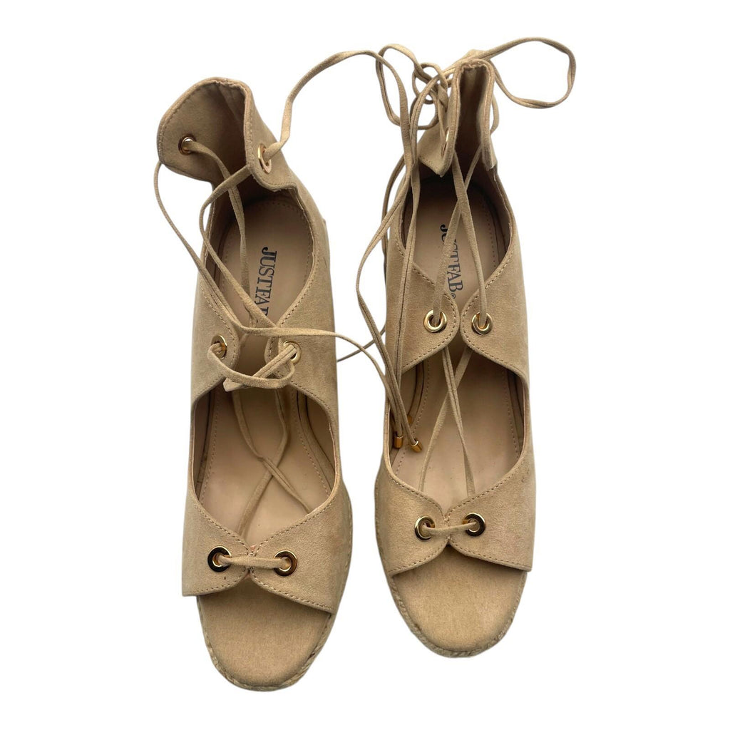 Just Fab Wedge Espadrille Shoes Women's UK Size 6 Beige Suede Lace-Up Ankle