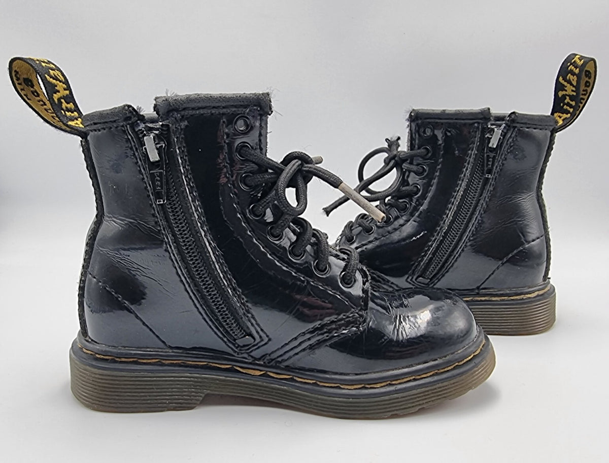 Dr Martens Toddler 1460 Black Patent Boots Side Zip Shoes Kids Size UK 7 EUR 24