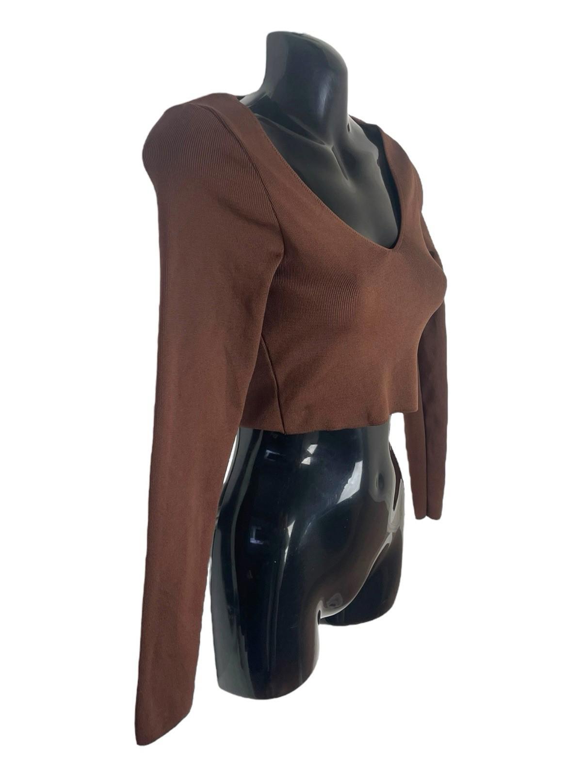 Stradivarius Brown Long Sleeve Crop Top V Neck Women's UK Size XS