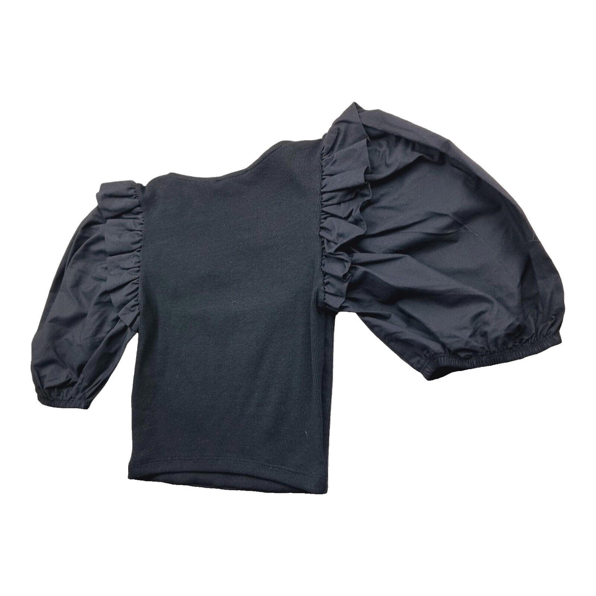 ZARA Black Zara Crop Top Balloon Sleeve Black Ribbed Ruffle Women's UK Size Small S